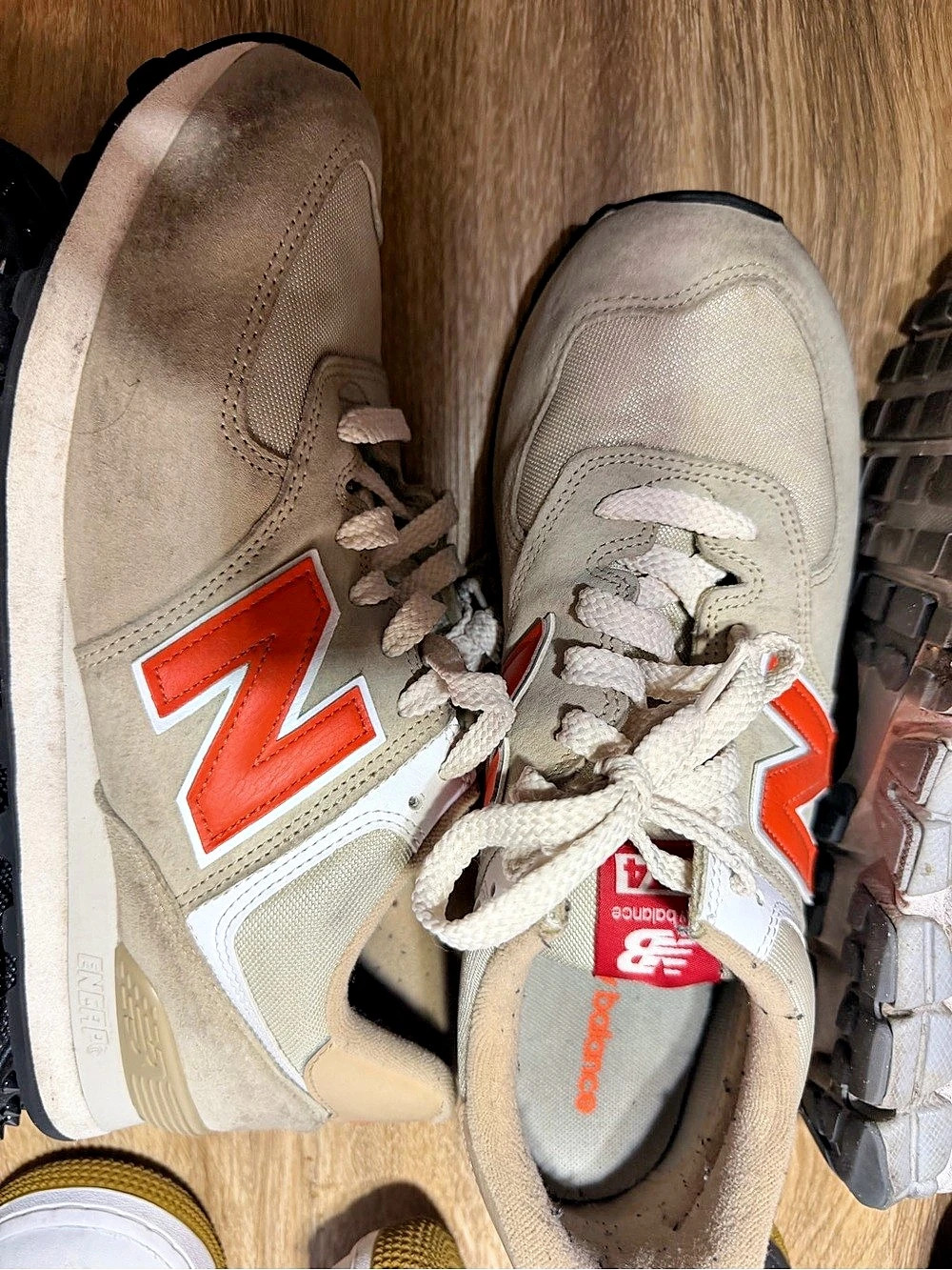 New Balance 574 Suede & Mesh Sneakers (Tan / Orange) Gray & Orange Sneakers